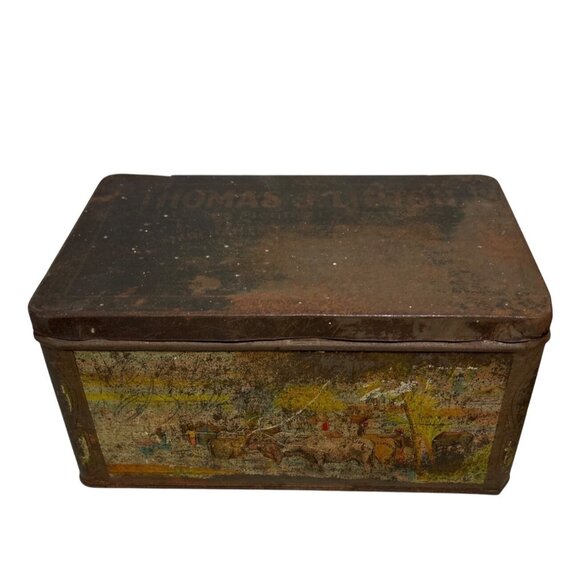 Thomas J Lipton Tea Tin Planters Hinge Lid Scenic Graphic Rustic Patina 9x6x4.5" - Picture 3 of 11